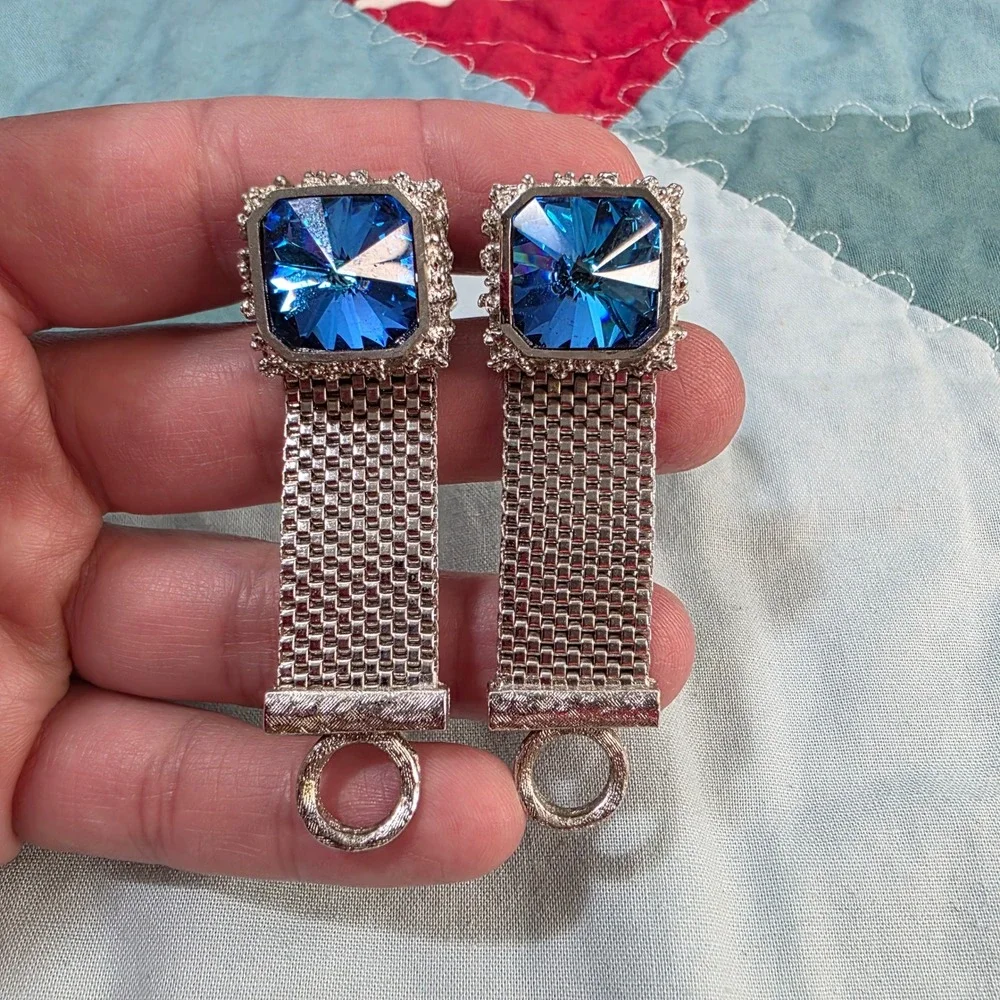 Vintage Mesh Wrap Cufflinks Mens Blue Crystal‎ Silver Tone Square Toggle Back